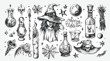 Witchcraft set - witch or enchantress and mystical
