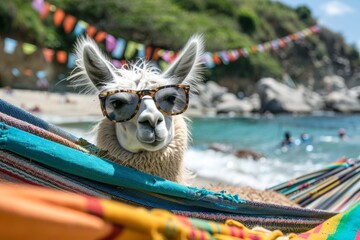 Obraz premium A llama with sunglasses sitting in a hammock on the beach, AI