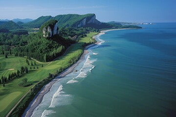 Spectacular golf course on cliffs with iconic rock arches overlooking serene blue sea