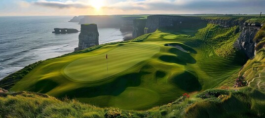 Picturesque golf course on white cliffs with iconic rock arches overlooking the azure sea