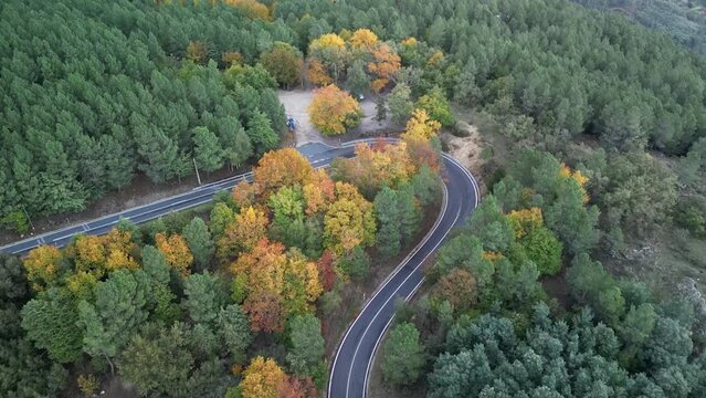 Aerial view of ER339 Mountain Pass in Autumn, Covilha, Portugal.