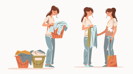 Woman sorting dirty clothes linen in baskets for laun
