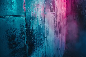 Moody and atmospheric urban scene with steam and colorful neon lights reflecting on wet surfaces, creating a cinematic city night.

 - obrazy, fototapety, plakaty
