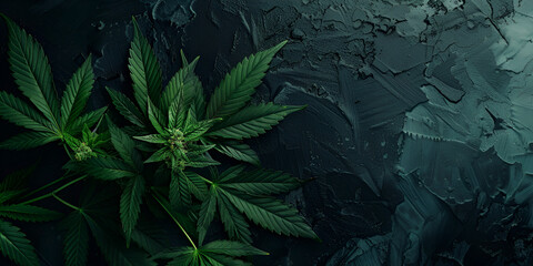 Dark green background with blooming cannabis plants inflorescence - obrazy, fototapety, plakaty