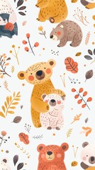 A cute bear pattern, set against a white background and crafted in a cartoon style with simple lines, exudes adorable simplicity.