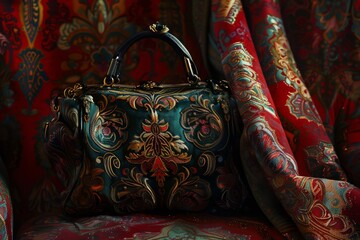 Elegant designer handbag with detailed embroidery on a backdrop of luxurious paisley pattern fabric, perfect for fashion aficionados.

