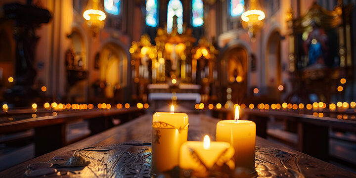 Candles in front of a church with a cross on the table.