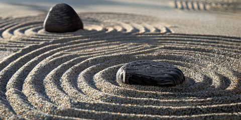 Fototapeta na wymiar A solitary rock in a serene sand garden 