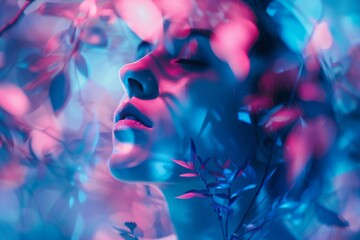 Mystical portrait of a woman with blue-toned leaves, perfect for surreal and dreamlike photography.

