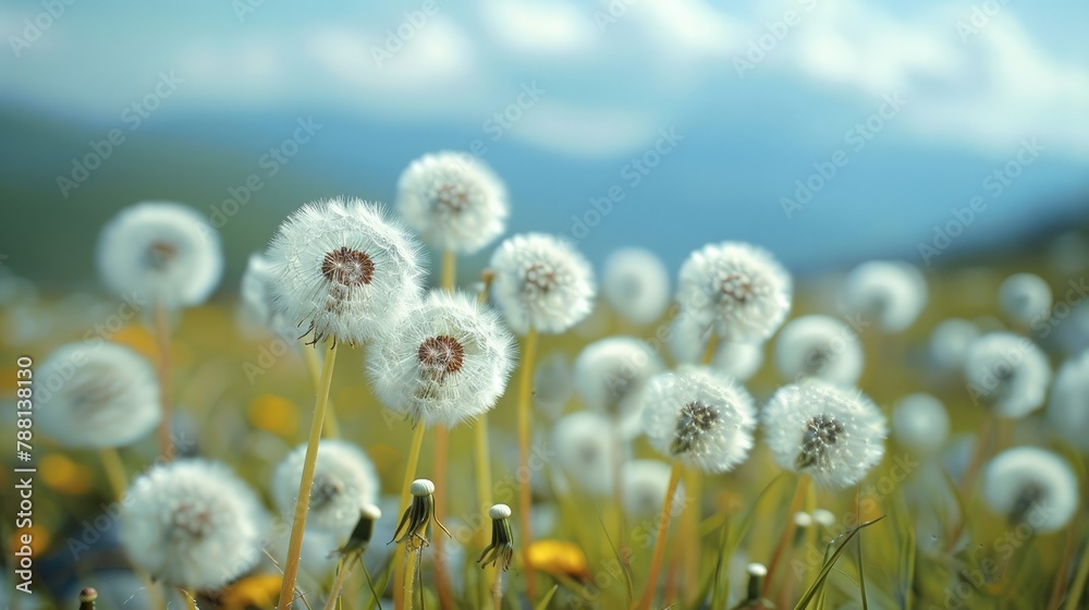 Poster white fluffy dandelions weeds on grassland. generative ai.