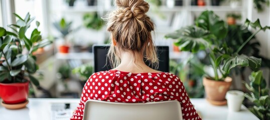 Young woman in her thirties creating social media content on a computer at an office desk