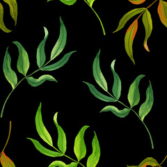 Watercolor seamless pattern with branches and leaves. Hand painted leaves on black background.