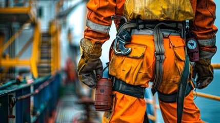 Focused capture presenting crucial safety equipment worn by an oil rig worker, essential for safety in the demanding oil and gas field.