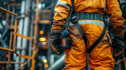 Fototapeta na wymiar Detailed image featuring primary safety gear worn by an oil rig worker, indispensable in the high-pressure realm of oil and gas operations.
