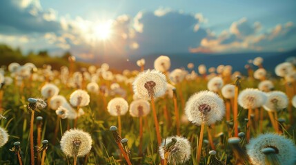 White fluffy dandelions weeds on grassland. Generative AI. - obrazy, fototapety, plakaty