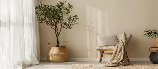 Chic room decor with cozy furnishings and a plant placed next to a beige wall.