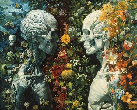 Illustrate a thought-provoking scene from above depicting a split view of a genetically modified human and a natural one, surrounded by contrasting elements symbolizing ethical dilemmas