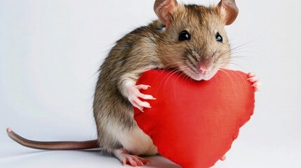 Mouse holding a heart shaped cushion isolated on white - obrazy, fototapety, plakaty