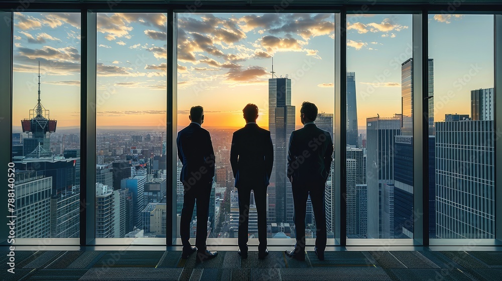 Aufkleber Three lawyers are standing in a row and behind them is a window overlooking the city. Generative AI.