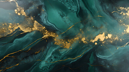 Green Marbling with gold veins liquid paint abstract pattern background 16:9