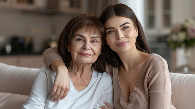 Head shot portrait smiling mature mother and daughter hugging, sitting on couch at home, looking at camera, young woman embracing older mum shoulders, family photo, two generations bonding