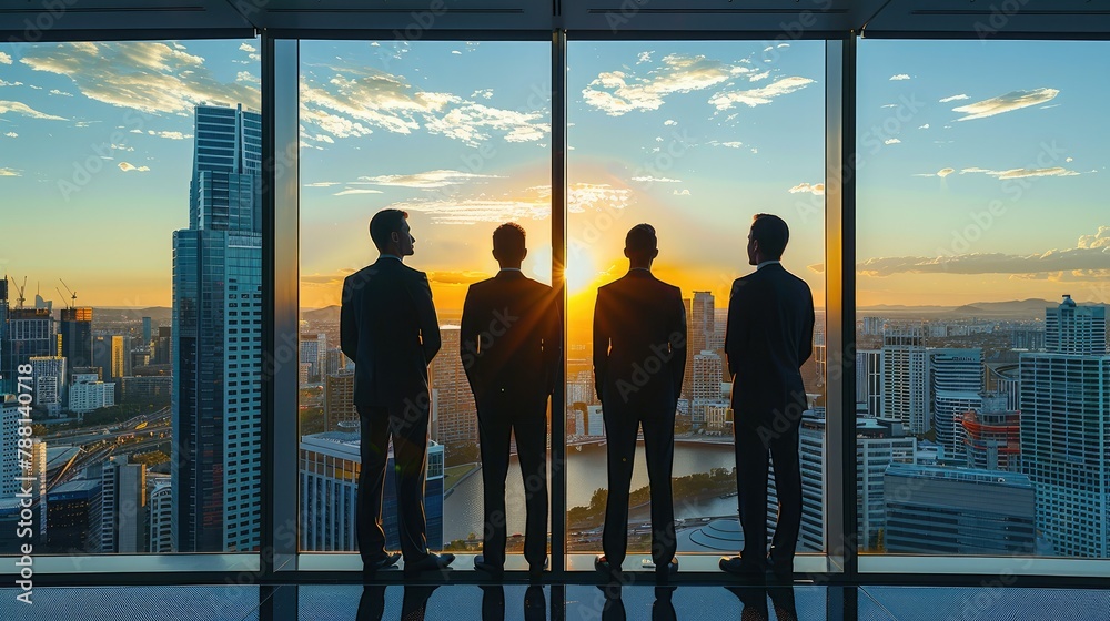 Aufkleber Three lawyers are standing in a row and behind them is a window overlooking the city. Generative AI.