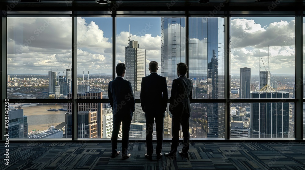 Aufkleber Three lawyers are standing in a row and behind them is a window overlooking the city. Generative AI.