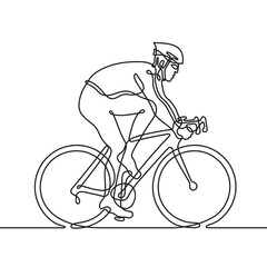 A cyclist rides a two-wheeled bicycle on a sports track. One line drawing. Continuous line without break.