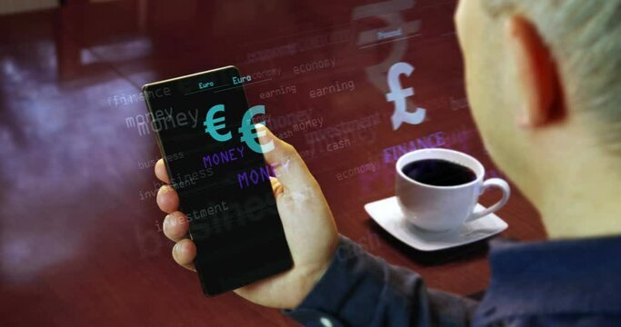Currency dollar euro yen poud yuan symbol on smartphone. Abstract concept of news titles on phone in hand.
