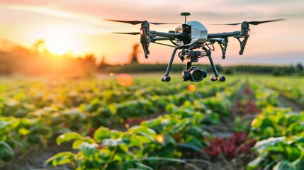 Flying Drone Over Agricultural Fields, highlighting modern farming and technology - obrazy, fototapety, plakaty