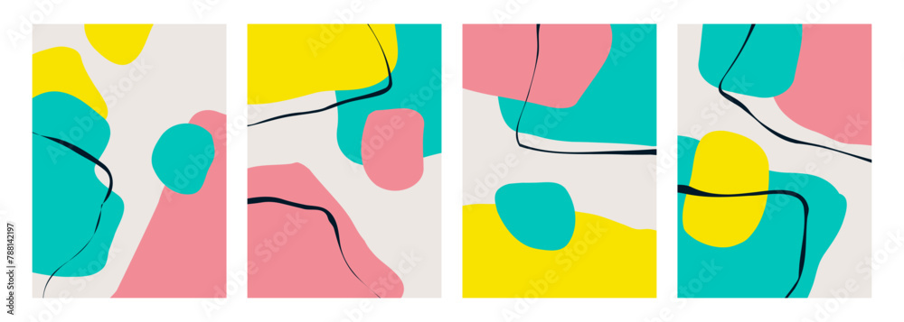 Leinwandbilder set of abstract backgrounds with various hand drawn dynamic shapes and black curved lines for creati