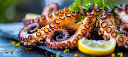 Savor succulent grilled octopus  a taste of authentic mediterranean cuisine on a traditional platter - obrazy, fototapety, plakaty
