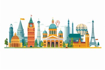 A colorful illustration of a city with buildings and landmarks, AI
