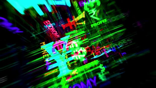 Currency dollar euro yen poud yuan symbol technology loop concept. Abstract sign on glitch screens seamless and looped.
