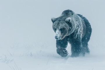 A photograph of the mother bear leading her cubs through a blizzard, her tracks the only guide in th