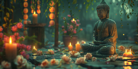 A Buddha statue accompanied by candles and flowers creates a spiritual atmosphere.
