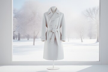 Elegant White Coat on Mannequin with Winter Background