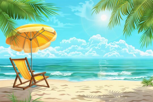 A beach scene with a yellow umbrella and chair under the sun, AI