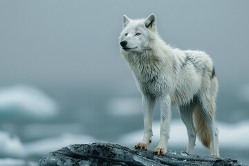 Obraz premium A photograph showing a lone Arctic wolf standing on a large ice floe, scanning the horizon for any s