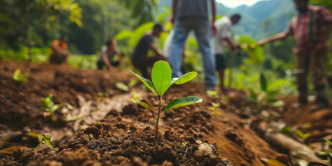 People were planting trees in the forest, focusing on one young tree being planted while two individuals stood behind it holding seedlings to plant nearby.