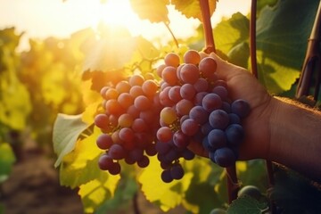 Harvesting Ripe Grapes at Sunset in Vineyard - obrazy, fototapety, plakaty