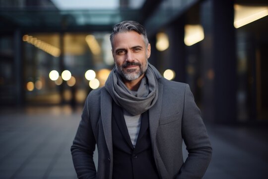 Portrait of a happy man in his 40s wearing a versatile buff isolated in sophisticated corporate office background