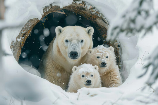 A scene depicting a mother polar bear emerging from her winter den with two tiny cubs, their first g