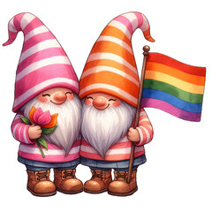 Pride Month wearing rainbow clothes, LGBTQ+ gnome holding colorful LGBTQ+ flags, homosexuality. transparent background