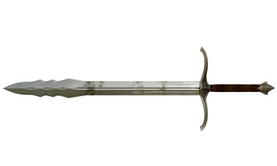 A beautifully crafted medieval sword with a double-edged blade and intricate hilt design displayed against a plain background, showcasing its detailed craftsmanship and historical significance