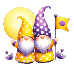Pride Month wearing rainbow clothes, LGBTQ+ gnome holding colorful LGBTQ+ flags, homosexuality. transparent background