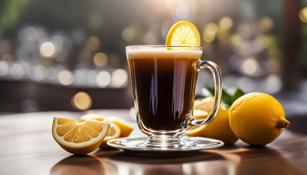Ai generated black coffee honey lemon on a table.Suitable for use as images in designs. 