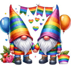 Pride Month wearing rainbow clothes, LGBTQ+ gnome holding colorful LGBTQ+ flags, homosexuality. transparent background