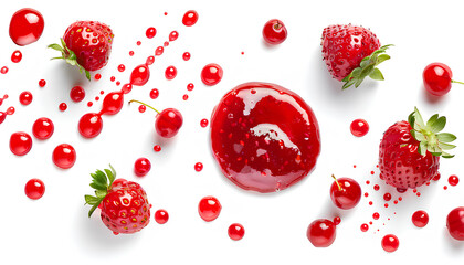 Drops of sweet strawberry jam and fresh berry on white background - obrazy, fototapety, plakaty