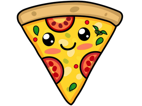 A cheerful slice of cartoon pizza with smiling eyes, pepperoni toppings, and green basil leaves, perfect for kids’ art projects or fun food illustrations